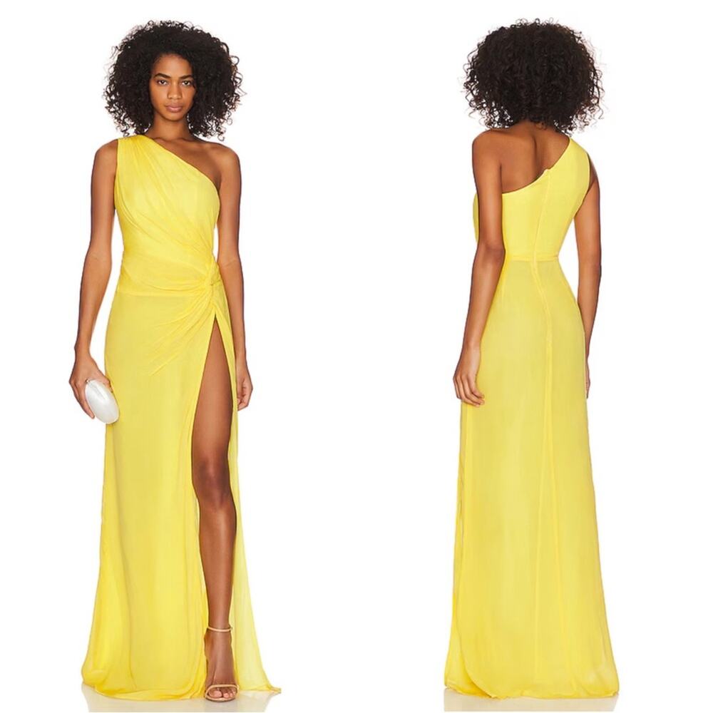 SAU LEE Helene One Shoulder Ruched Draped Canary Yellow Maxi Dress Size 6
